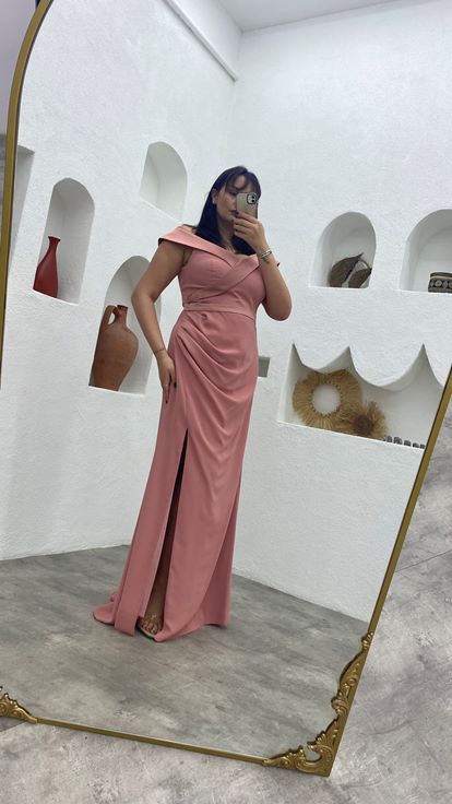 Pudra Saten Detay Drapeli Büyük Beden Abiye Elbise