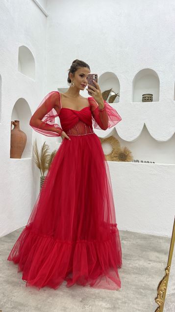 Red Balloon Sleeve Long Tulle Evening Dress