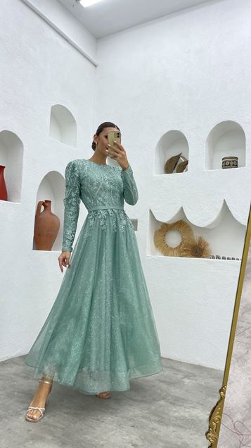 Mint Green Embroidered Detail Glittery Tulle Evening Dress