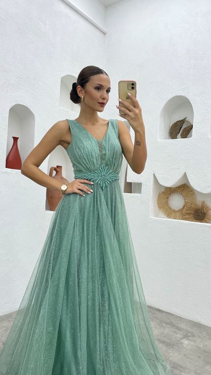 Mint Green Waist Motif Glittery Tulle Evening Dress
