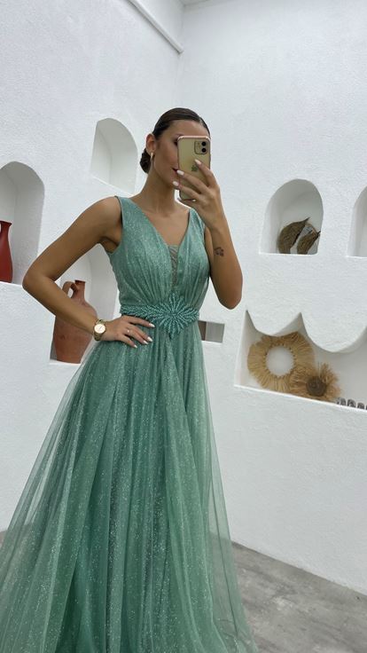 Mint Green Waist Motif Glittery Tulle Evening Dress