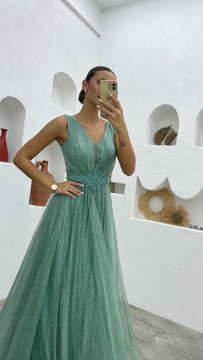 Mint Green Waist Motif Glittery Tulle Evening Dress
