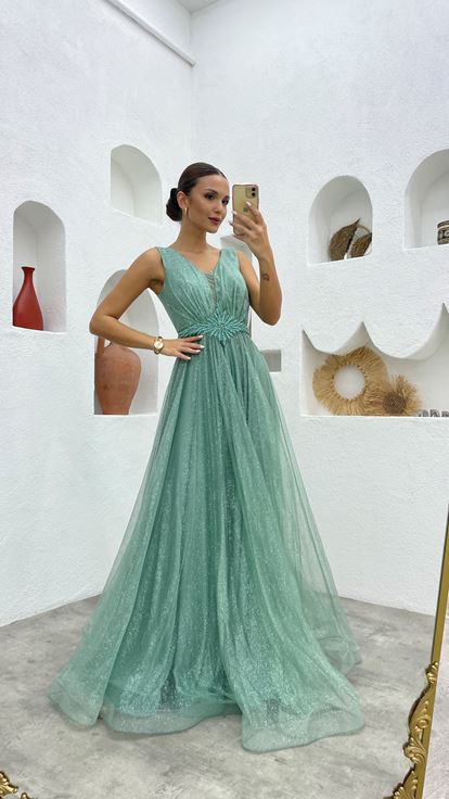 Mint Green Waist Motif Glittery Tulle Evening Dress