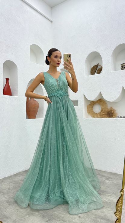 Mint Green Waist Motif Glittery Tulle Evening Dress
