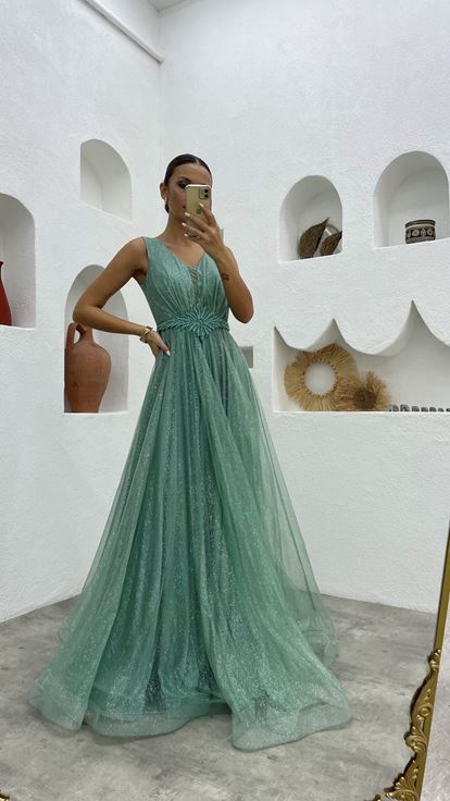 Mint Green Waist Motif Glittery Tulle Evening Dress