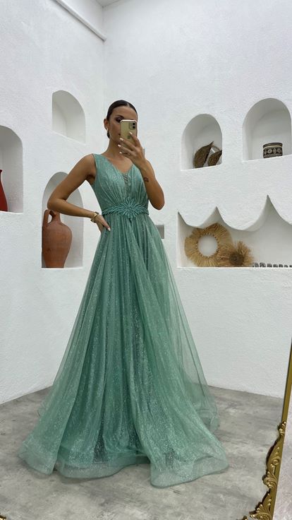 Mint Green Waist Motif Glittery Tulle Evening Dress