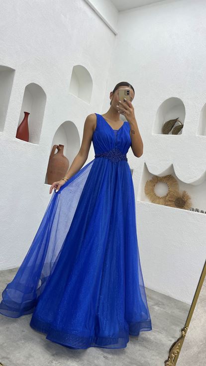 Saks Waist Motif Glitter Tulle Evening Dress