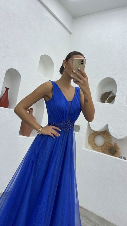 Saks Waist Motif Glitter Tulle Evening Dress