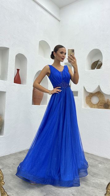 Saks Waist Patterned Silvery Tulle Evening Dress