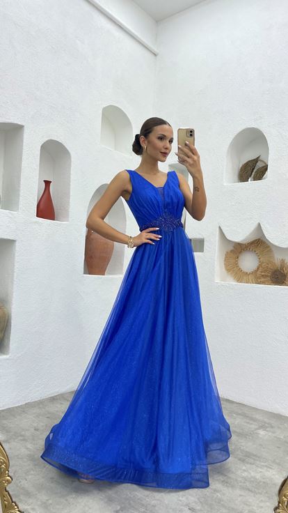 Saks Waist Motif Glitter Tulle Evening Dress