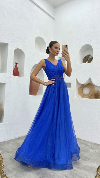 Saks Waist Motif Glitter Tulle Evening Dress