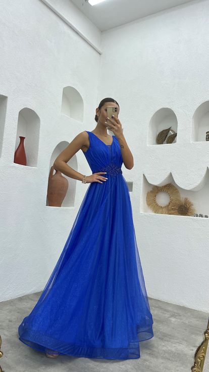 Saks Waist Motif Glitter Tulle Evening Dress