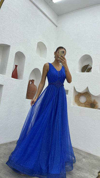 Saks Waist Motif Glitter Tulle Evening Dress