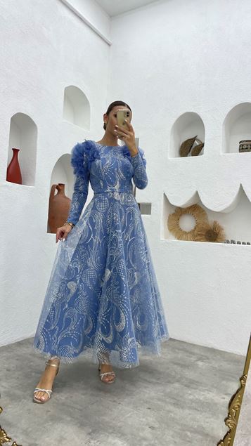 Blue Embroidered Detailed Shoulder Flounce Glittery Tulle Evening Dress