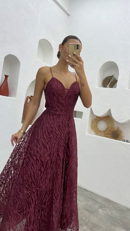Bordo İp Askılı Simli Tül Abiye Elbise
