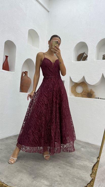 Bordo İp Askılı Simli Tül Abiye Elbise