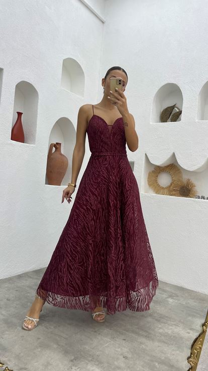 Bordo İp Askılı Simli Tül Abiye Elbise
