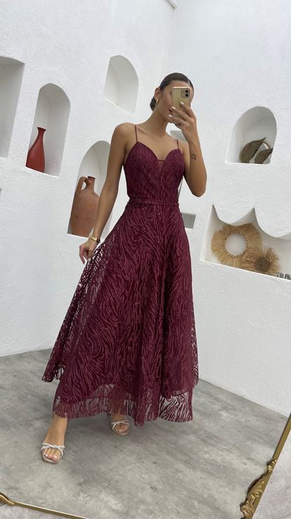 Bordo İp Askılı Simli Tül Abiye Elbise