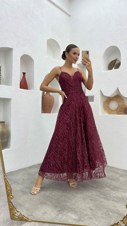 Bordo İp Askılı Simli Tül Abiye Elbise