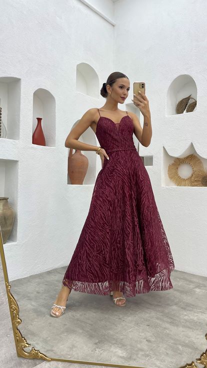 Bordo İp Askılı Simli Tül Abiye Elbise