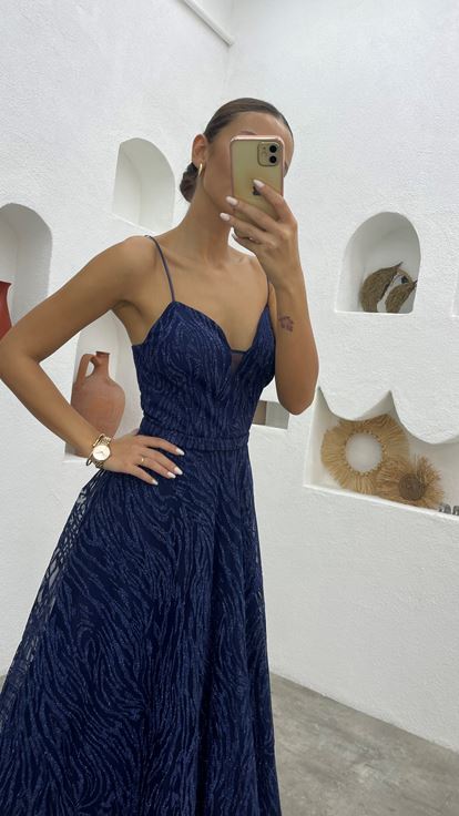 Lacivert İp Askılı Simli Tül Abiye Elbise