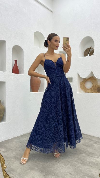 Lacivert İp Askılı Simli Tül Abiye Elbise