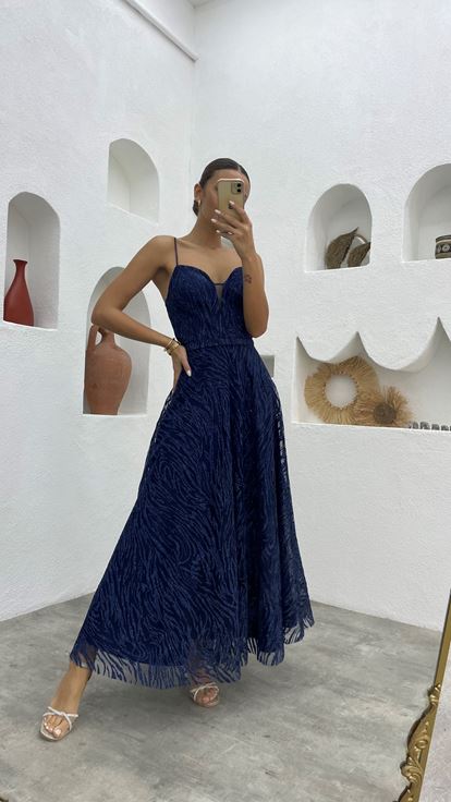 Lacivert İp Askılı Simli Tül Abiye Elbise