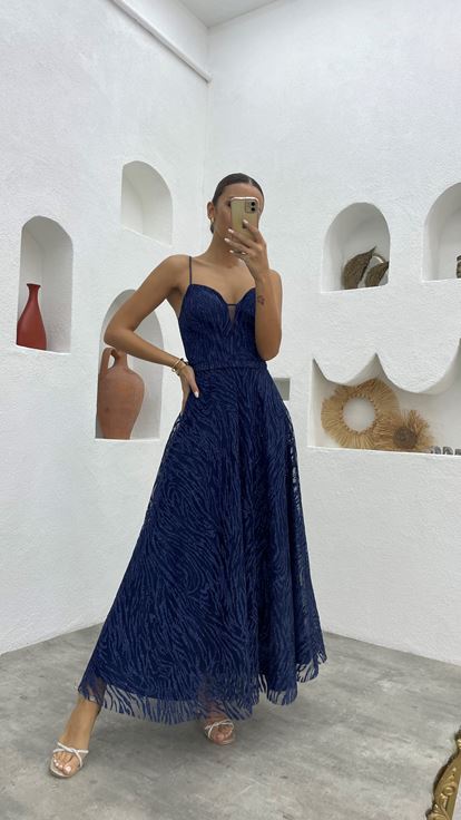 Lacivert İp Askılı Simli Tül Abiye Elbise