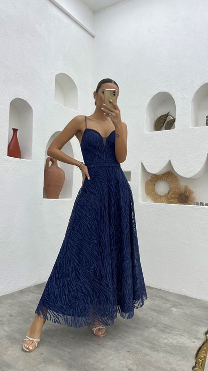 Lacivert İp Askılı Simli Tül Abiye Elbise