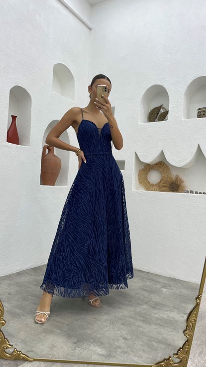 Lacivert İp Askılı Simli Tül Abiye Elbise