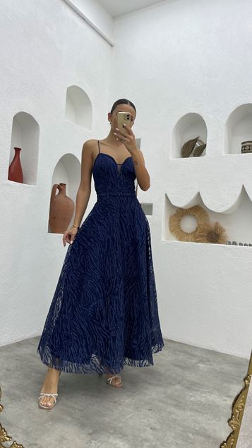 Navy Blue Rope Strap Glittery Tulle Evening Dress