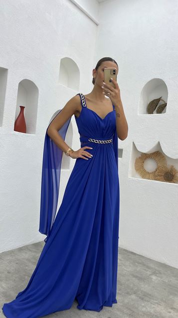 Sax-Ketten-Abendkleid aus Chiffon mit Raffung