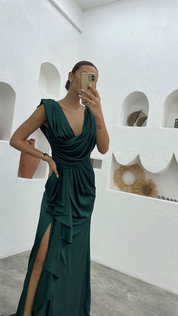 Emerald Drape Detail Flywheel Satin Evening Dress