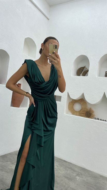 Emerald Green Draped Ruffled Satin Evening Dress