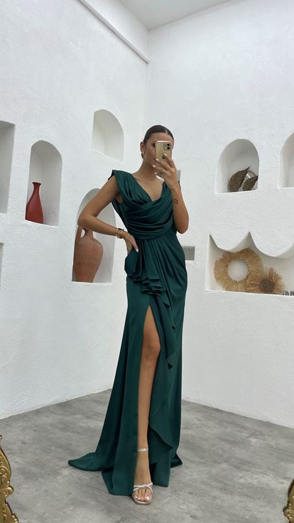 Emerald Green Draped Ruffled Satin Evening Dress