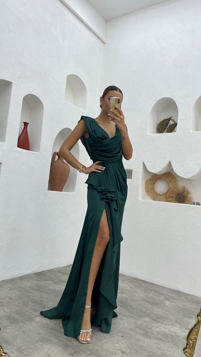 Emerald Green Draped Ruffled Satin Evening Dress