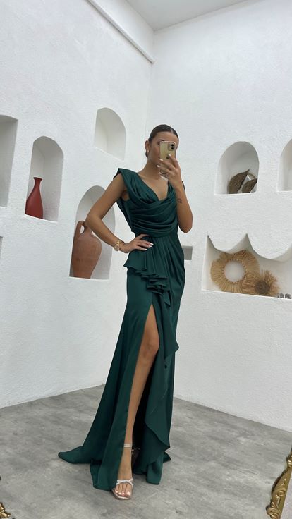 Emerald Green Draped Ruffled Satin Evening Dress