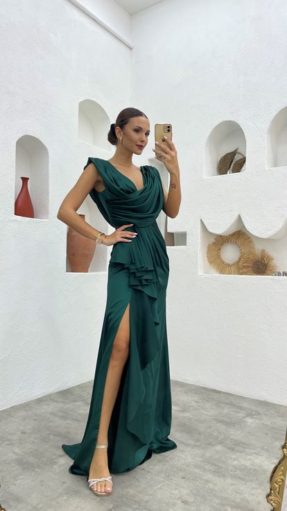 Emerald Green Draped Ruffled Satin Evening Dress