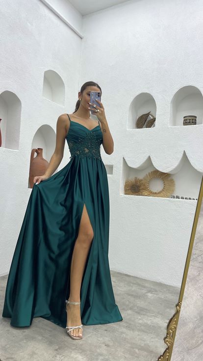 Emerald Green Rope Strap Draped Detailed Embroidered Satin Evening Dress