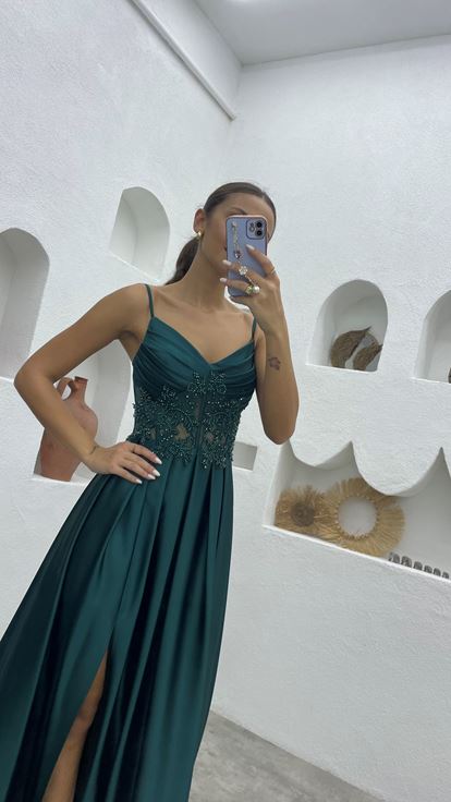 Emerald Green Rope Strap Draped Detailed Embroidered Satin Evening Dress