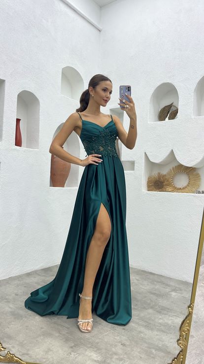 Emerald Green Rope Strap Draped Detailed Embroidered Satin Evening Dress