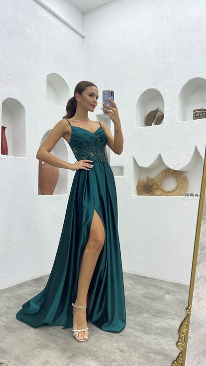 Emerald Green Rope Strap Draped Detailed Embroidered Satin Evening Dress