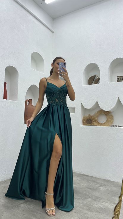Emerald Green Rope Strap Draped Detailed Embroidered Satin Evening Dress