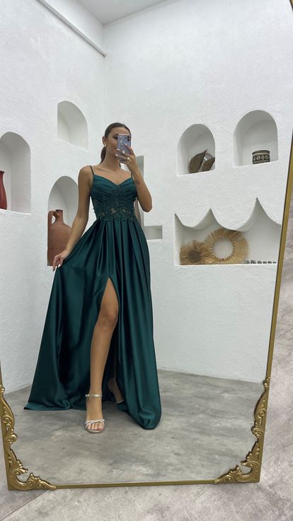 Emerald Green Rope Strap Draped Detailed Embroidered Satin Evening Dress
