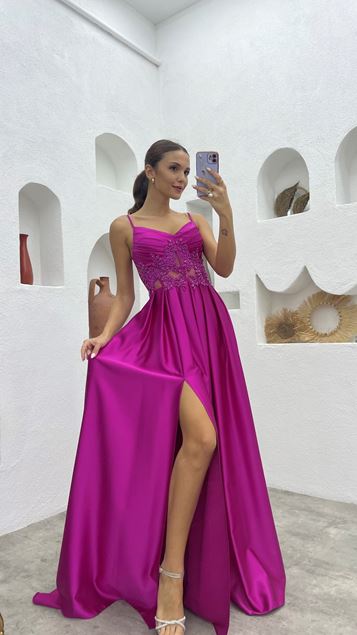 Fucsia Corda Cinturino drappeggiato ricamato raso abito da sera