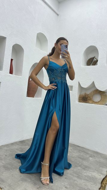 Turquoise Rope Strap Drape Detailed Embroidered Satin Evening Dress