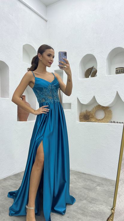 Turquoise Strappy Draped Embroidered Satin Evening Dress
