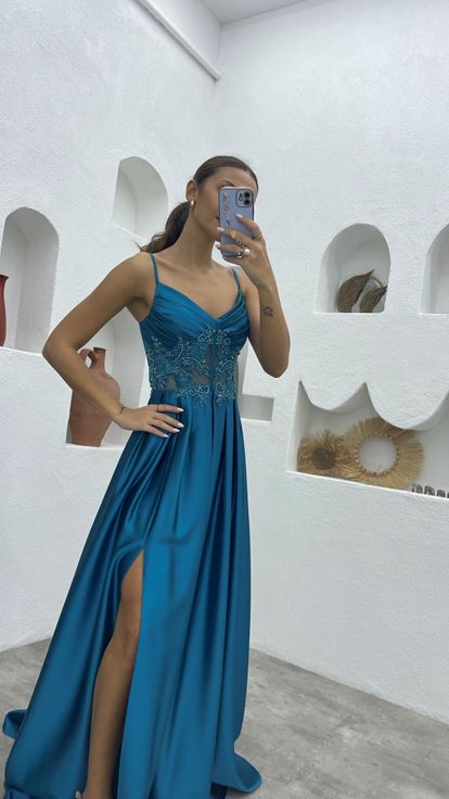 Turquoise Strappy Draped Embroidered Satin Evening Dress
