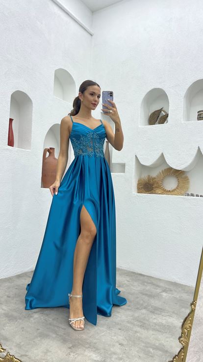 Turquoise Strappy Draped Embroidered Satin Evening Dress