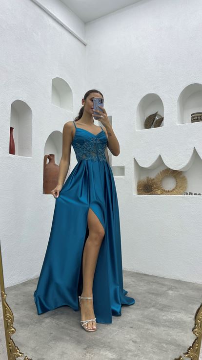 Turquoise Strappy Draped Embroidered Satin Evening Dress